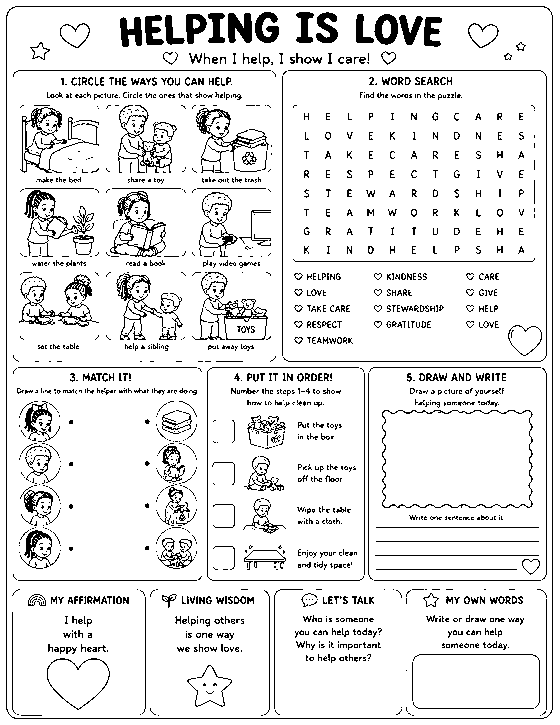 Activity page titled Helping Is Love with a word search, a matching exercise and space to draw.