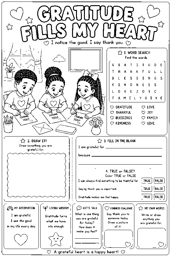 Activity page titled Gratitude Fills My Heart with a word search and a gratitude list.